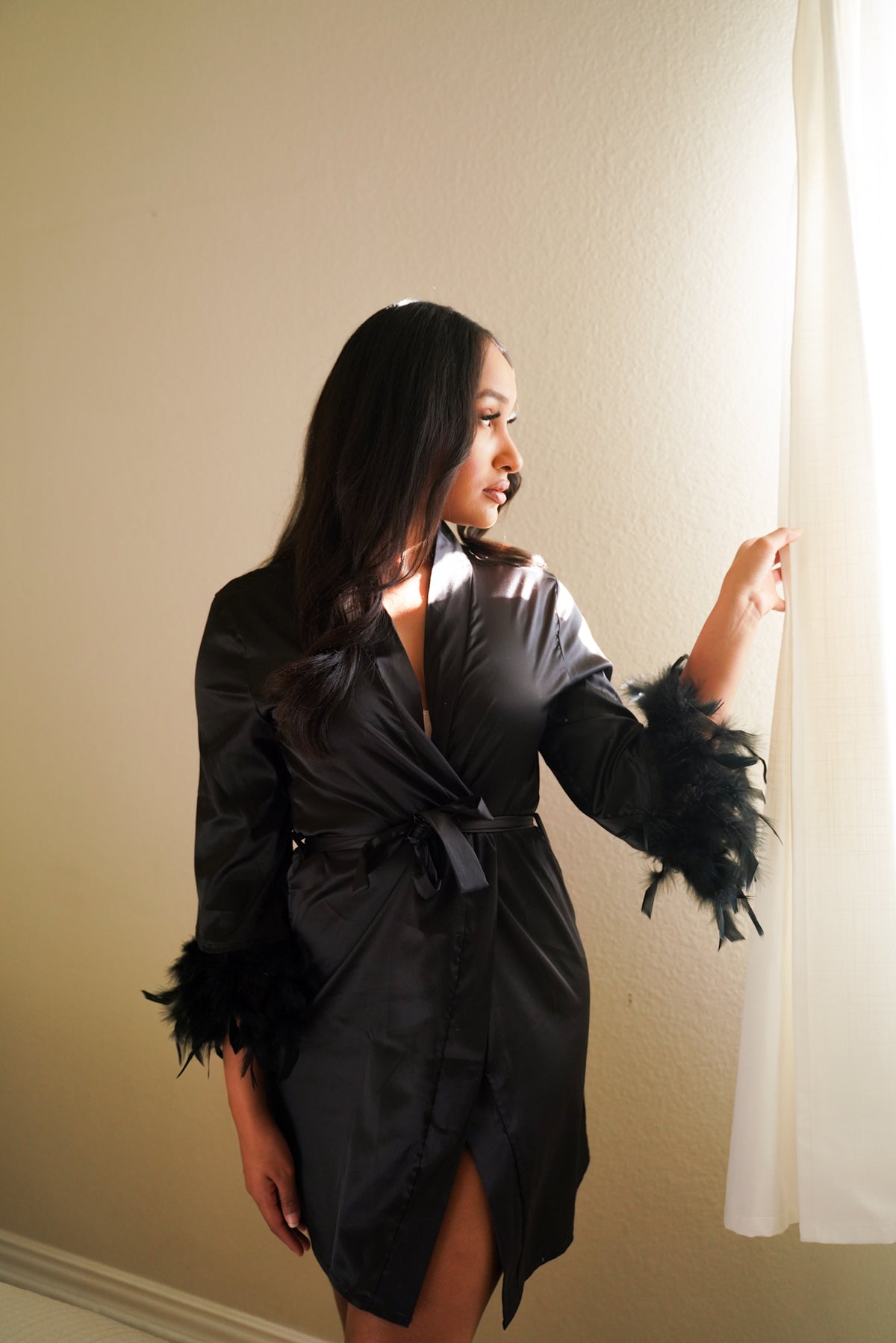 Feather Belted Satin Robe (sample)