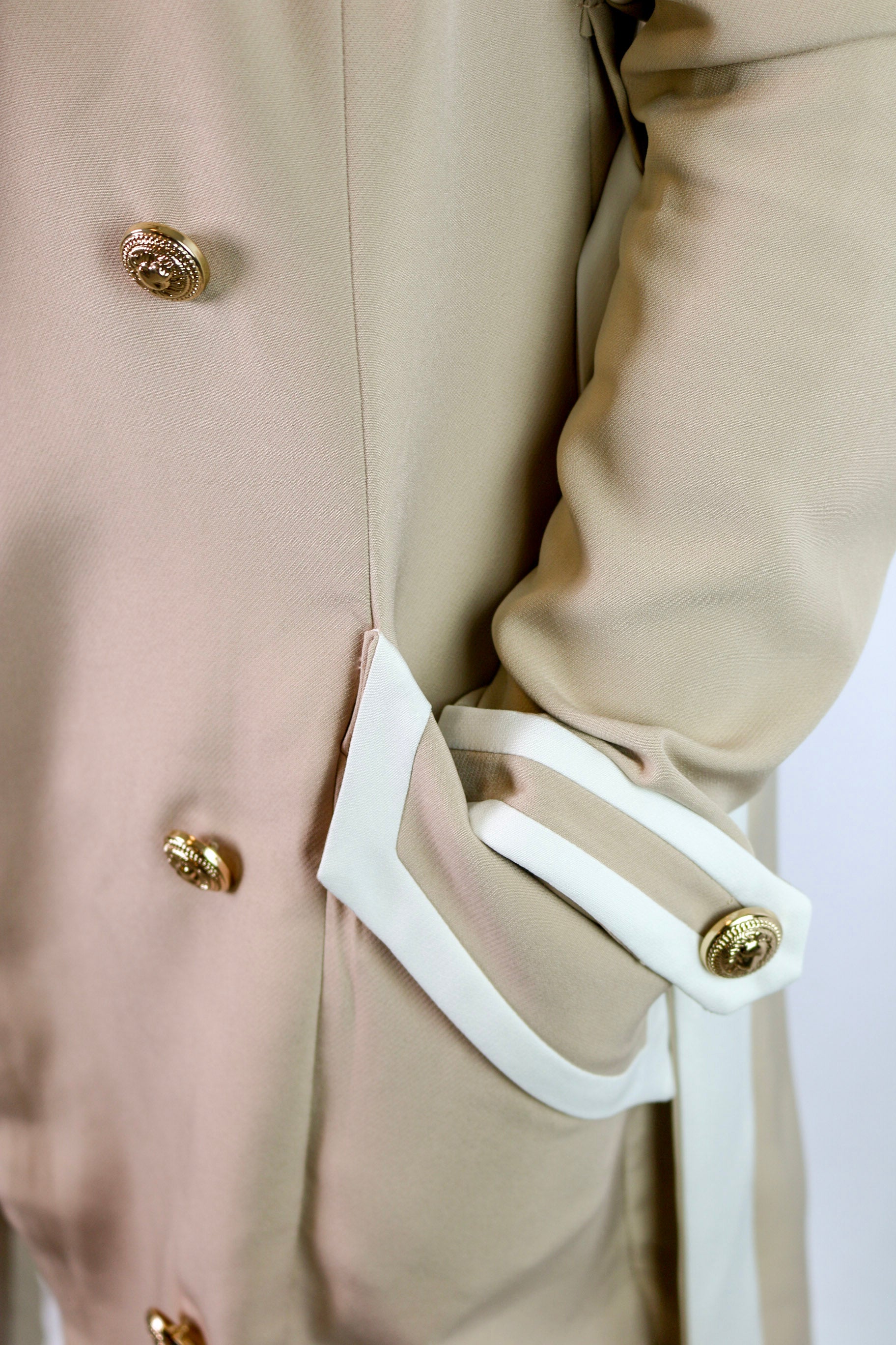 Long Beige Double Breasted Gold Button Thigh Length Trench Coat