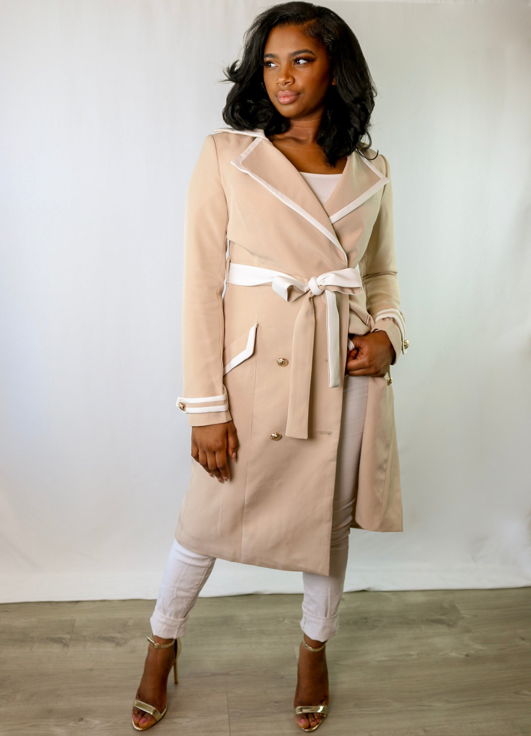 Long Beige Double Breasted Gold Button Thigh Length Trench Coat